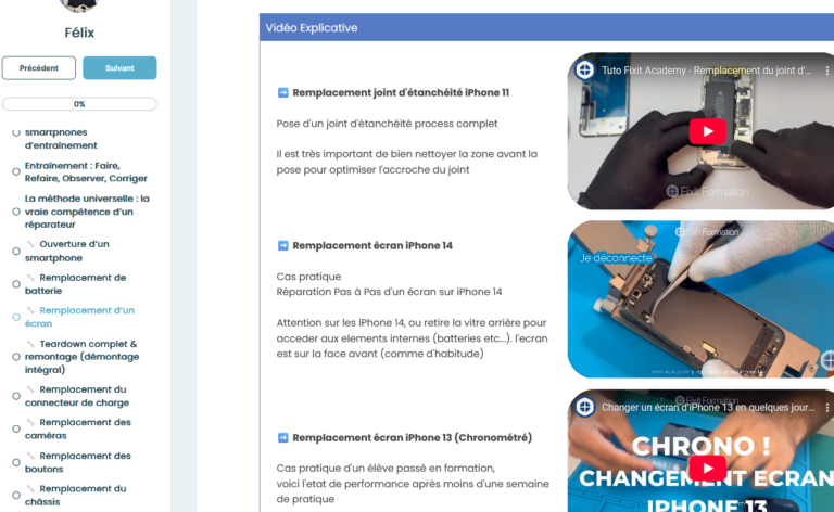 Interface de formation en ligne FIXIT sur la réparation smartphone